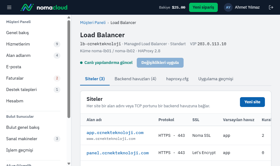 Load Balancer ayarlarını kendiniz yapın · Siteler