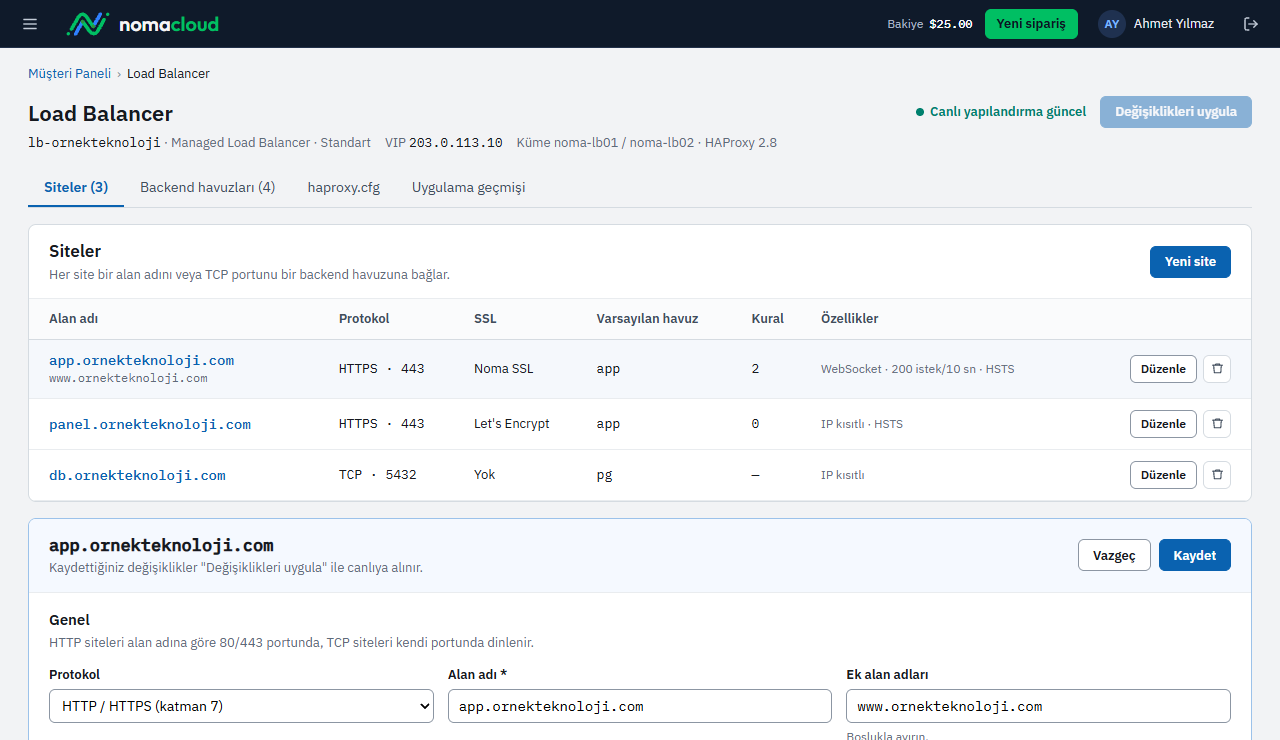 NomaCloud paneli: Load Balancer site ayarları