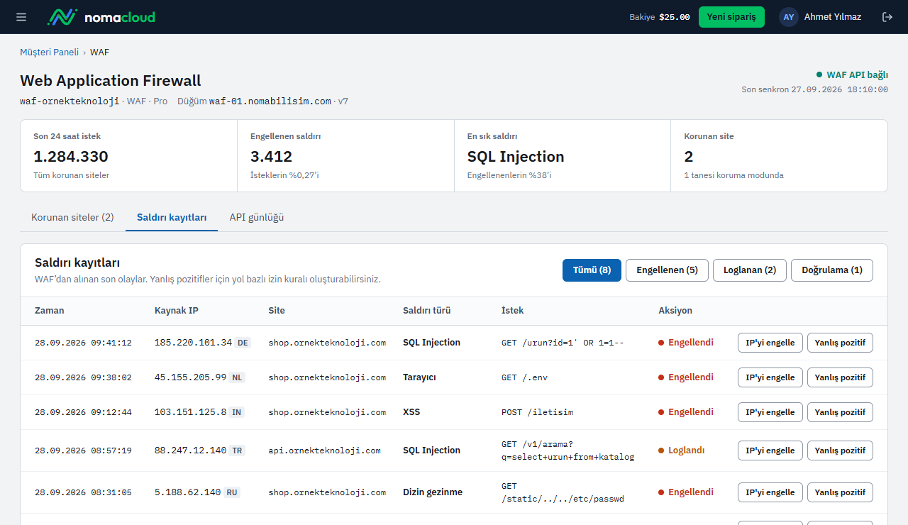 NomaCloud paneli: WAF saldırı kayıtları