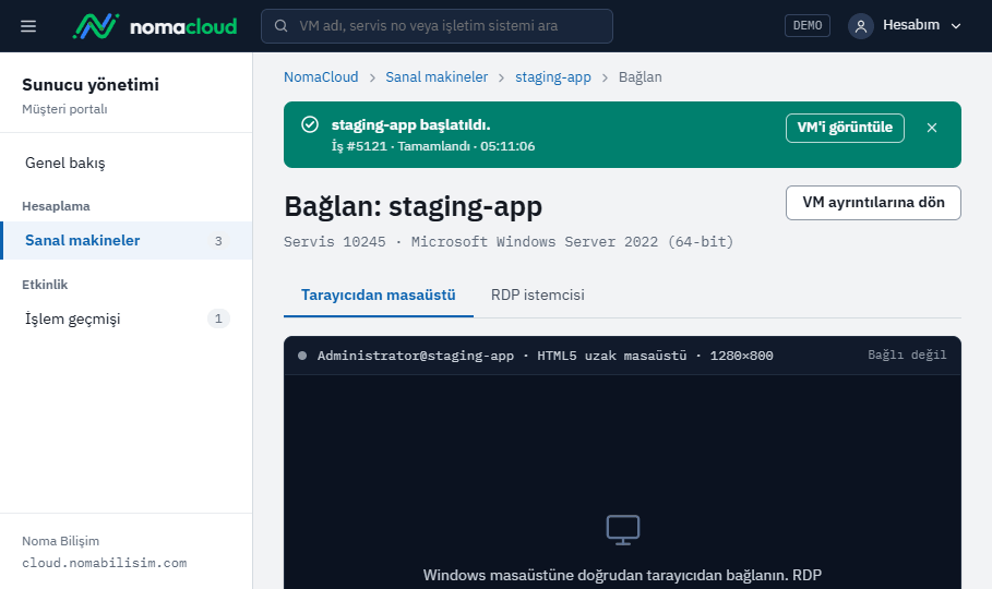 Windows sunuculara HTML5 masaüstü · Sunucu başlatıldı