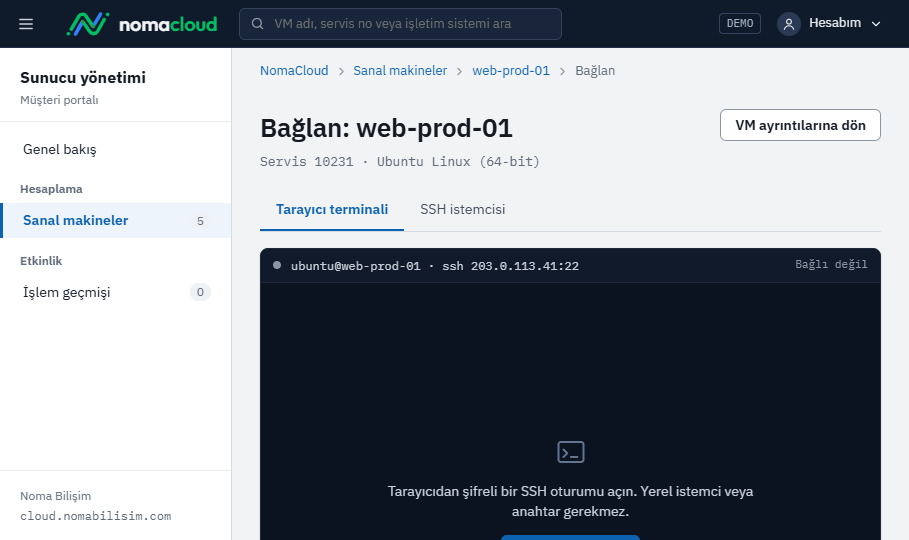 Tarayıcıdan SSH terminali · Bağlanmadan önce