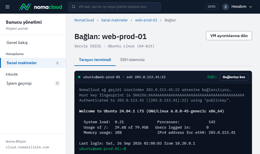 Tarayıcıdan SSH terminali · Bağlı oturum