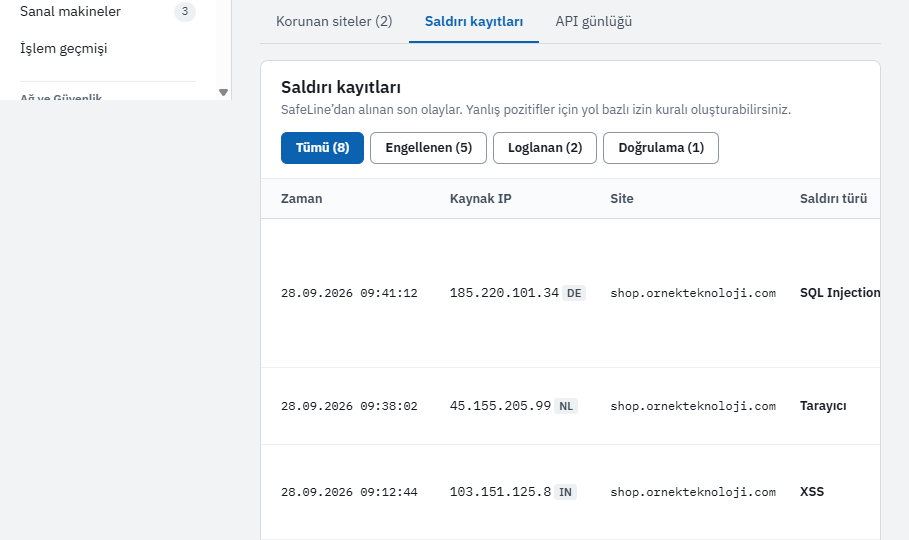 Web uygulamanızı WAF ile koruyun · Saldırı kayıtları